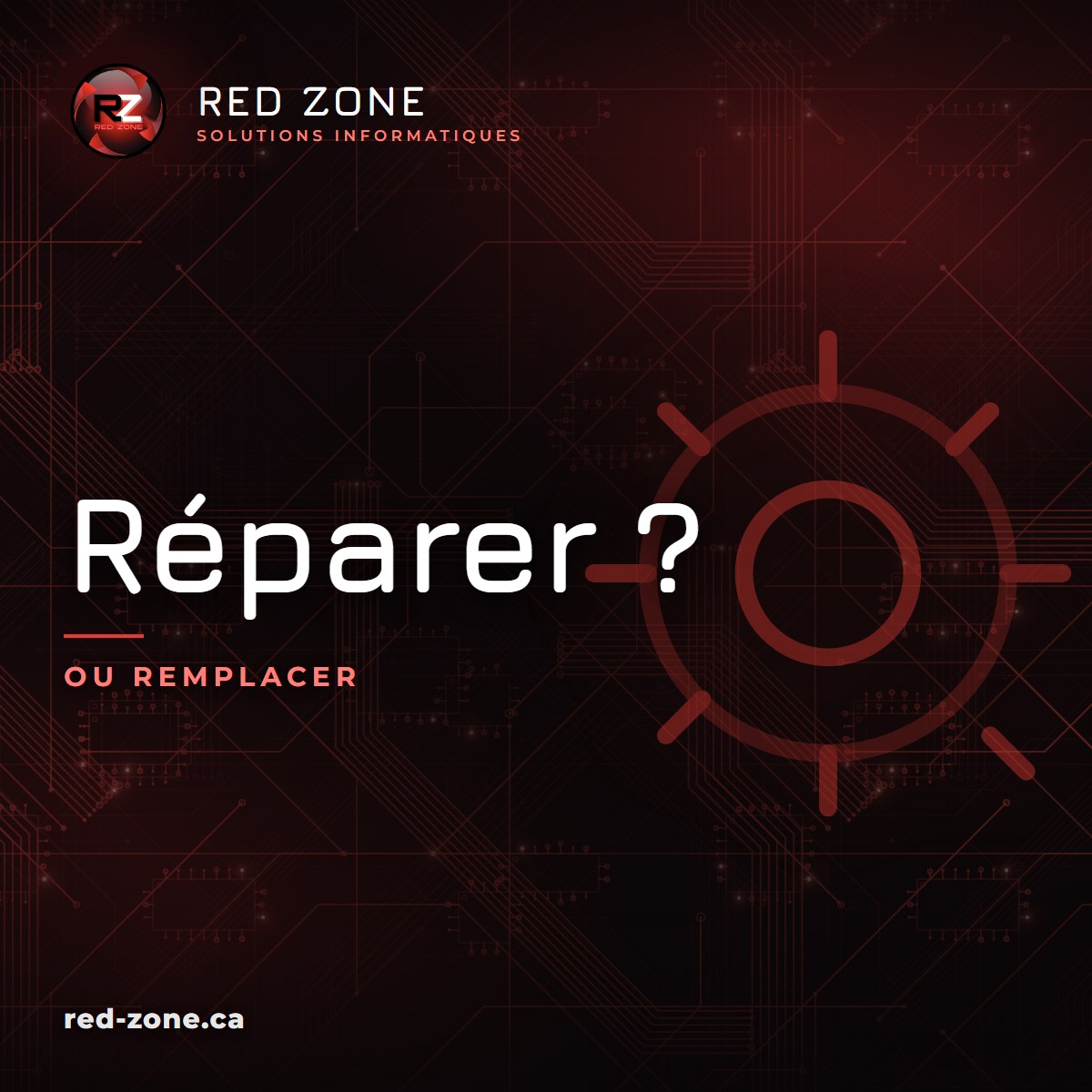 « Réparer ? » et « OU REMPLACER » en gros, avec un engrenage, sur un fond de circuit imprimé