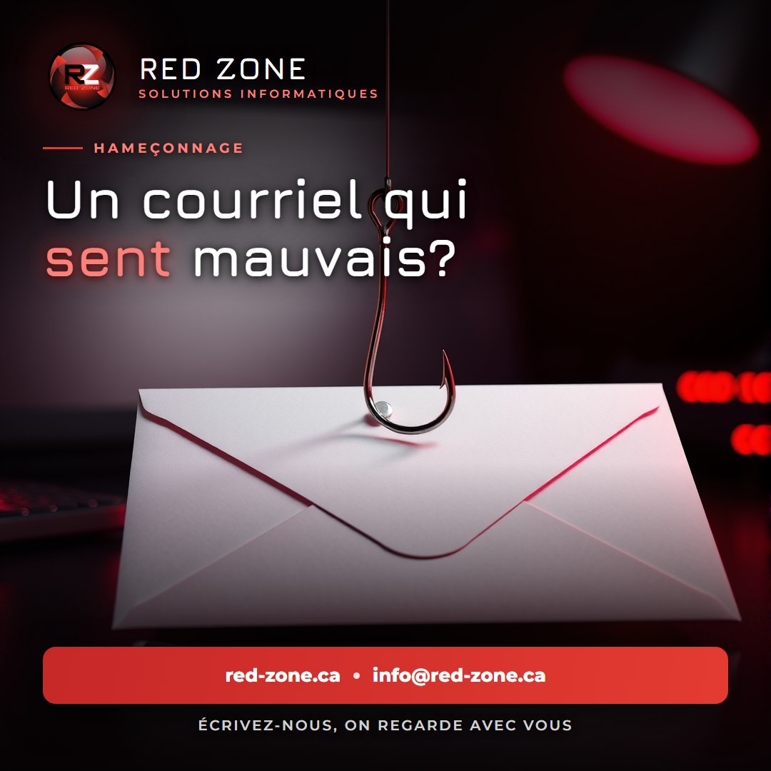 « Un courriel qui sent mauvais? » en gros titre, avec en surtitre « Hameçonnage », au-dessus d'une enveloppe blanche piquée par un hameçon d'acier, sur un fond sombre à reflets rouges