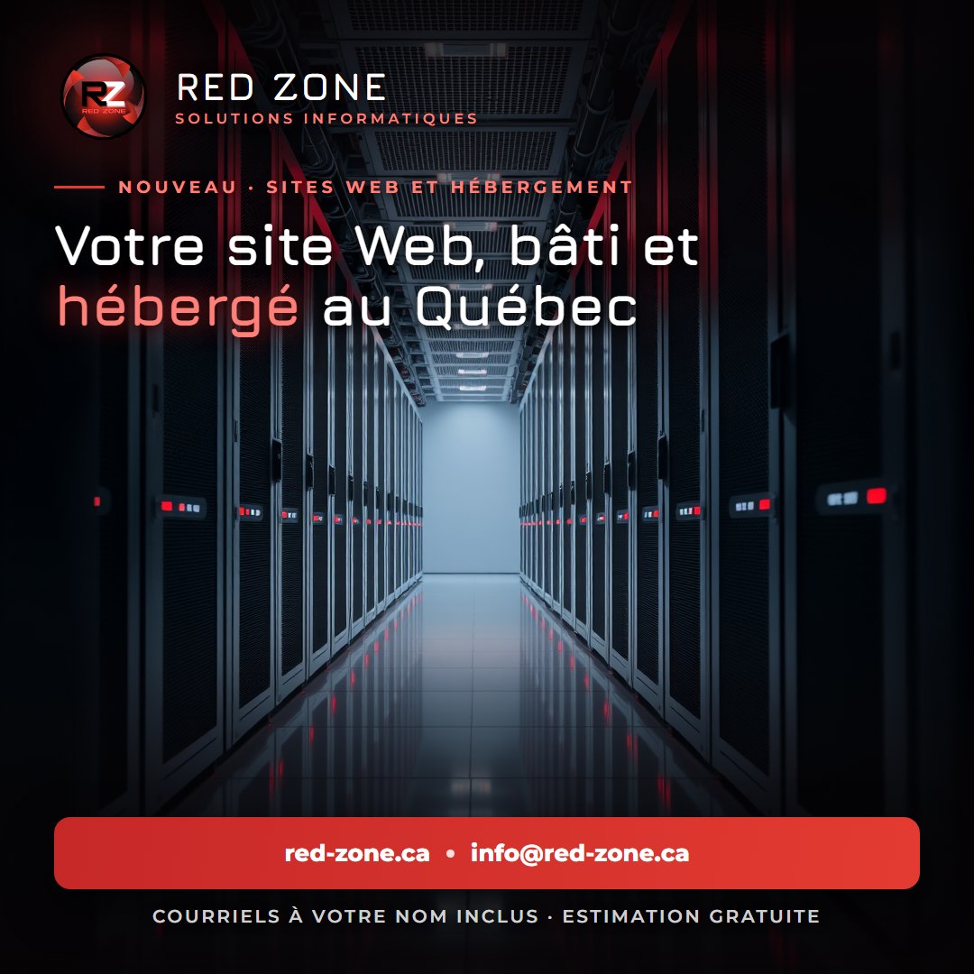 Allée de serveurs aux voyants rouges, avec le titre « Votre site Web, bâti et hébergé au Québec »