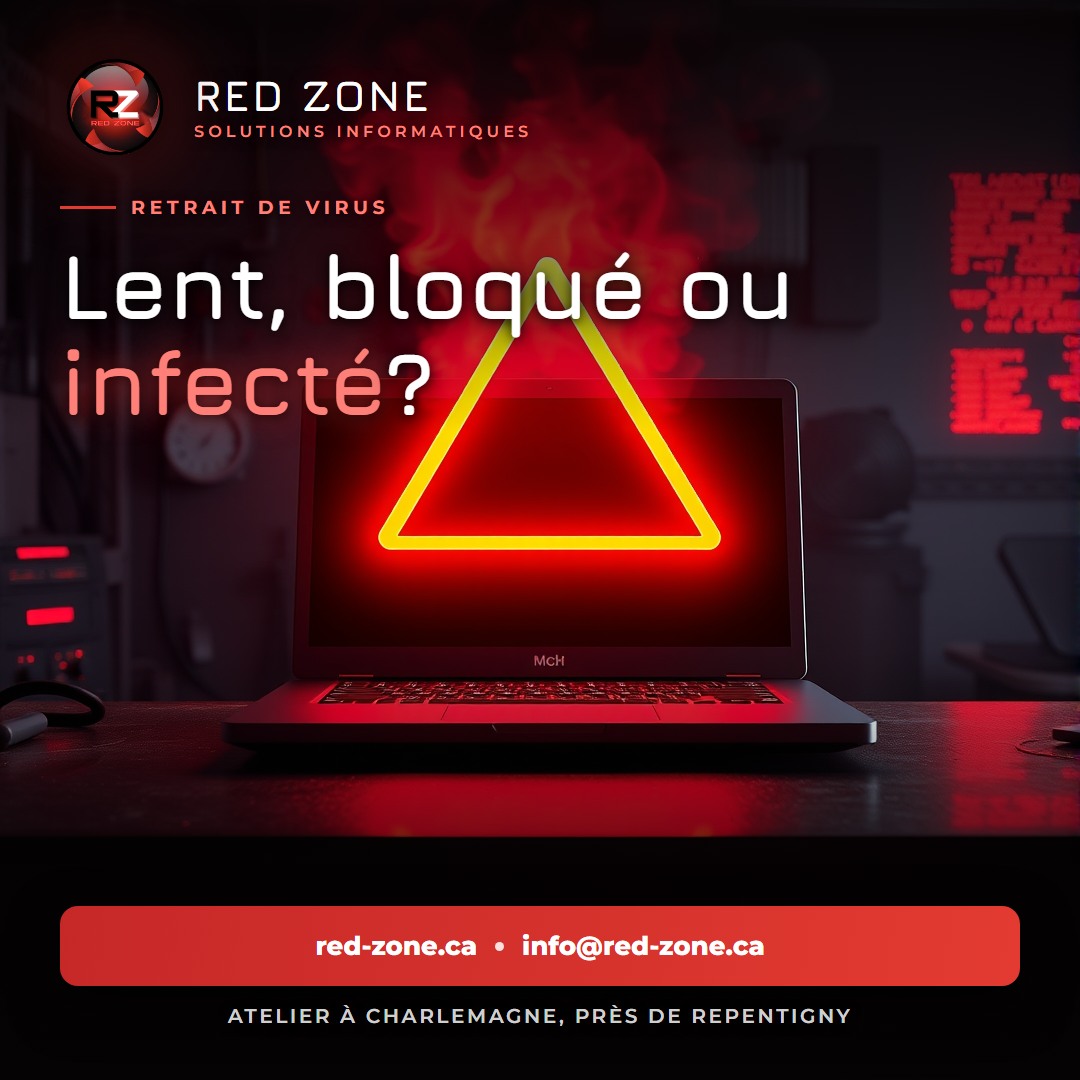 « Lent, bloqué ou infecté? » en gros titre, avec en surtitre « Retrait de virus », au-dessus d'un ordinateur portable ouvert sur un établi sombre, un triangle d'avertissement rouge et jaune lumineux devant son écran